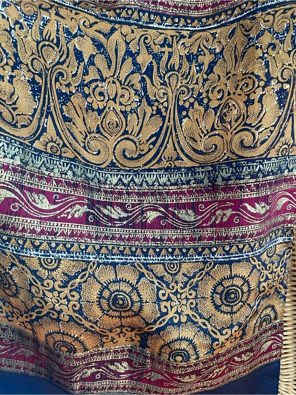 Vintage ECHO Silk Scarf Ornate Ethnic Tapestry Print Gold Burgundy Navy Blue